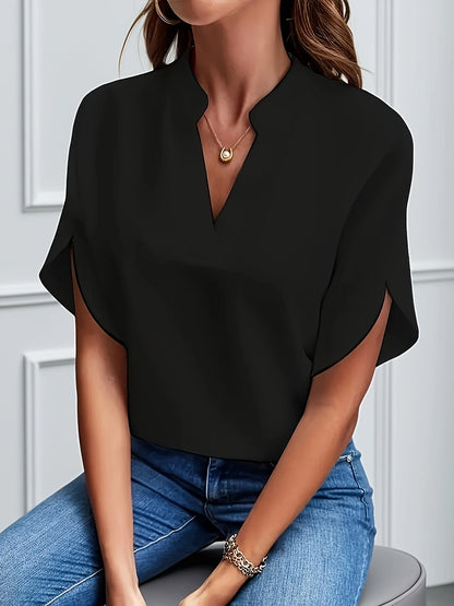 Chemisier ample à col en V et manches chauve-souris pour femme, haut pull uni - Style décontracté pour le travail au printemps, en été et en automne | Chemise légère et respirante