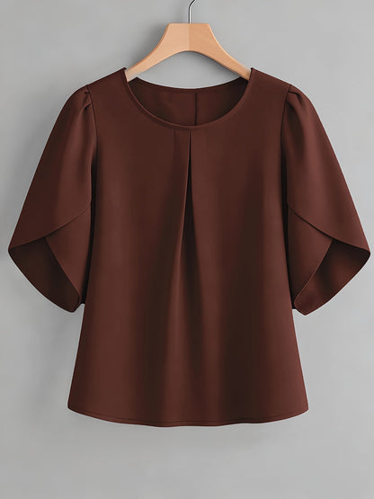 Chemisier femme à manches courtes, col rond, poignets à volants et plis sur la poitrine – Haut élégant en tissu 100 % polyester, semi-transparent, avec manches fendues