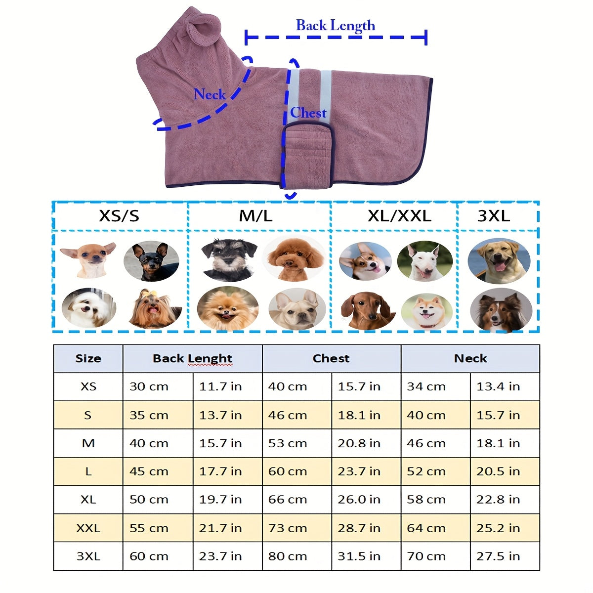 Peignoir pour chien à capuche ultra-absorbant à séchage rapide, manteau de séchage douillet pour chien après le bain, pyjama pour chien XS S M L XL XXL 3XL, 6 couleurs : bleu foncé, rose, vert, bleu clair, orange, gris