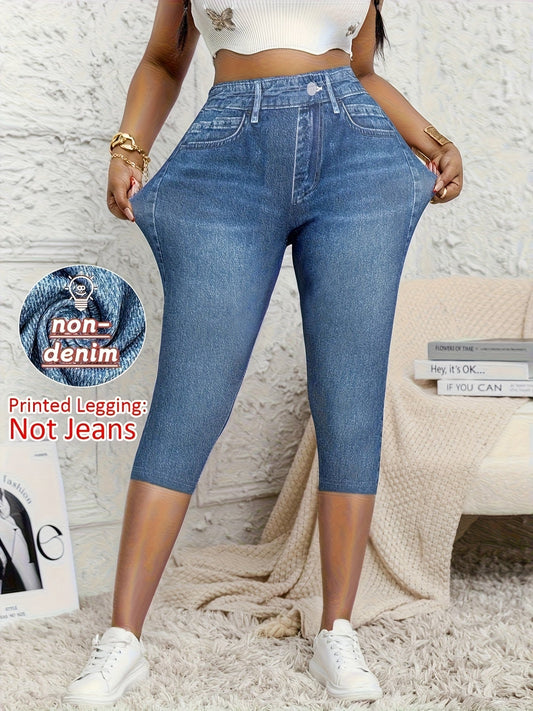 Legging Capri pour femme effet jean, pantalon stretch moulant imprimé, pantalon court, couleurs mélangées bleu fleur, S M L XL XXL