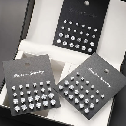 Lot de 72 boucles d'oreilles puces en zircon pour femmes et hommes, ensemble géométrique cœur, rond, carré, bijoux fantaisie étincelants en cristal, cadeau hypoallergénique