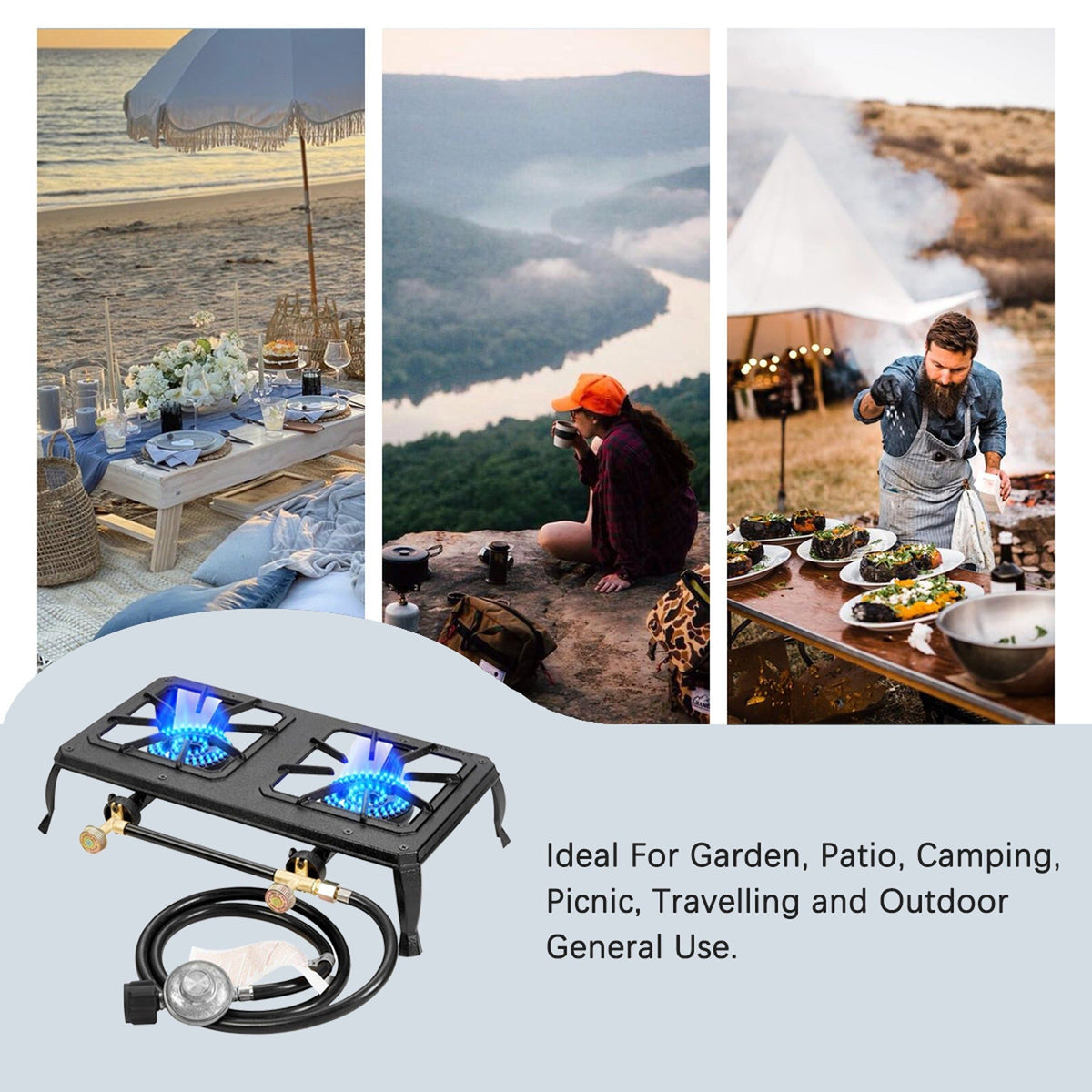 Réchaud de camping portable au propane à 1 ou 2 brûleurs - Réchaud à gaz d'extérieur avec régulateur et tuyau certifiés CSA pour le camping, le barbecue, le brassage maison, la friture de dinde et la cuisine de patio