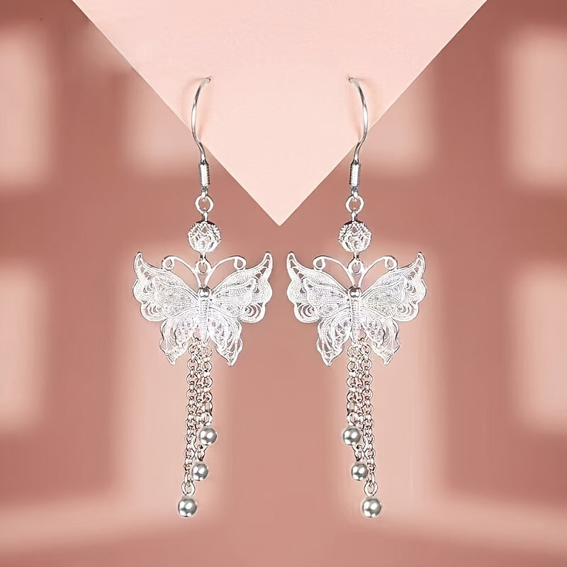 Boucles d'oreilles papillon en argent sterling S925 avec longs pompons – Élégantes boucles d'oreilles pendantes vintage pour femmes, mouvement gracieux inspiré de la nature, cadeau parfait pour les mariages, le quotidien et les amies