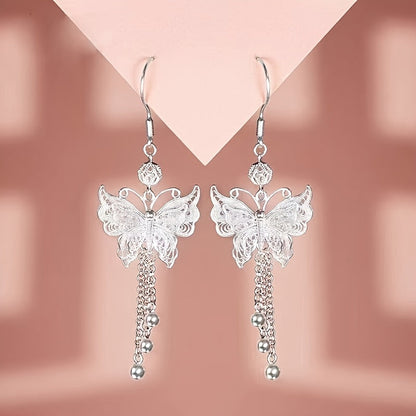 Boucles d'oreilles papillon en argent sterling S925 avec longs pompons – Élégantes boucles d'oreilles pendantes vintage pour femmes, mouvement gracieux inspiré de la nature, cadeau parfait pour les mariages, le quotidien et les amies