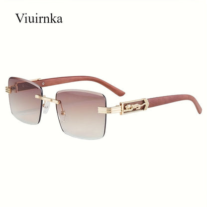 Lunettes de soleil rectangulaires vintage sans monture pour hommes et femmes – Lunettes tendance avec branches léopard et protection UV, 7 couleurs de verres, lunettes unisexes stylées pour l'extérieur, la conduite, les voyages, les fêtes et le quotidien