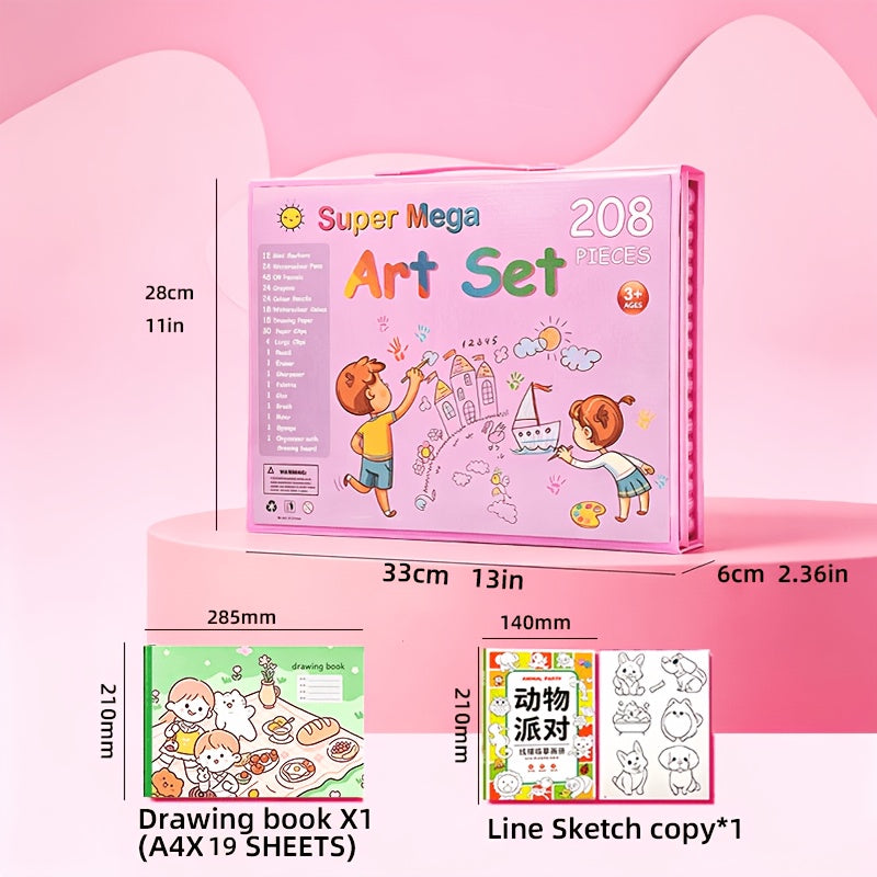 Set de 228 pièces pour activités artistiques pour enfants, kit de dessin et peinture de luxe avec pastels à l'huile, crayons de cire, feutres colorés et acryliques, pinceaux aquarelle et bloc à dessin, cadeau pour enfants