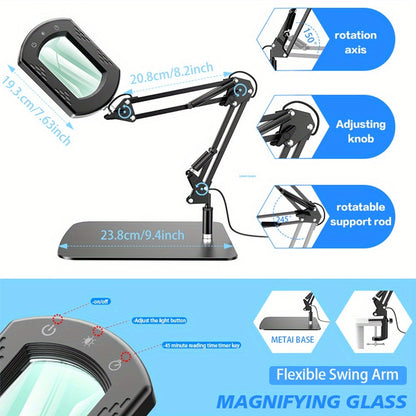 15X Magnification LED Magnifying Glass Lamp with Adjustable Arm & Clamp Base – Dimmable 3-Color Light, USB-Powered Desk Magnifier for Reading, Crafts, Manicure, Sewing & Precision Work (Black/White)