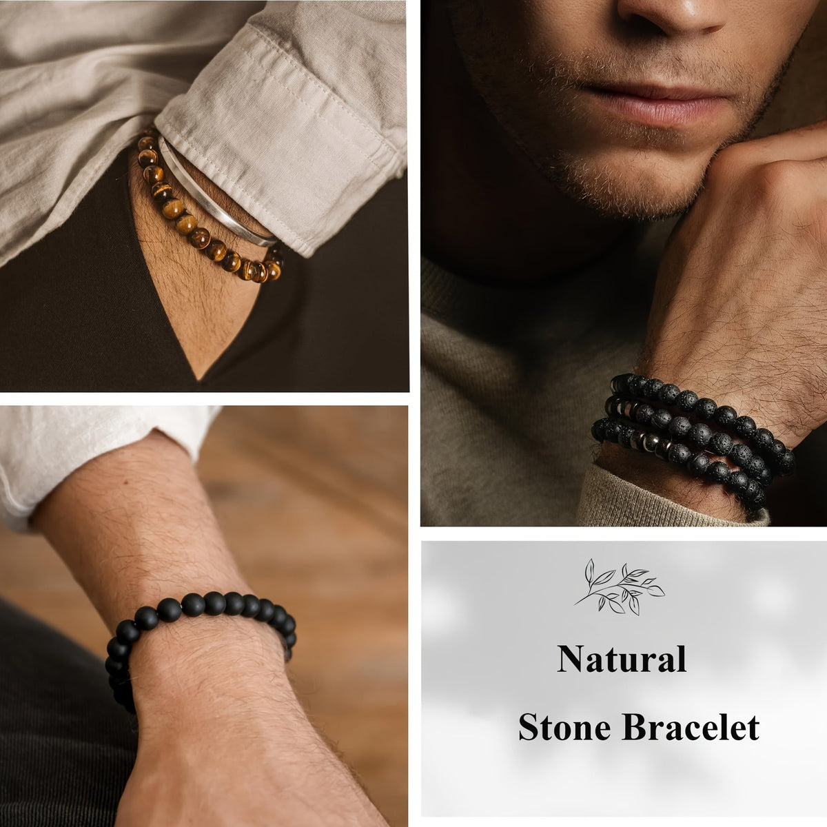 Lot de 12 bracelets en perles de pierre naturelle œil de tigre pour hommes et femmes – Bracelet bohème réglable de 8 mm avec perles noires, bijou de poignet unisexe aux tons terreux, cadeau de fête des pères idéal pour la famille