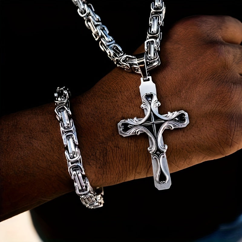 Ensemble de colliers croix en acier inoxydable pour homme, 2 pièces, chaîne cubaine avec pendentif croix, bijoux rétro hip-hop pour homme - Collier imposant, cadeau pour lui, anniversaire, Noël