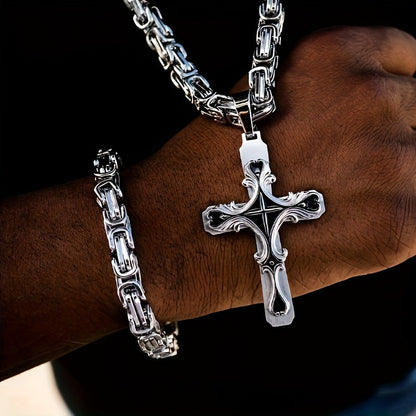 Ensemble de colliers croix en acier inoxydable pour homme, 2 pièces, chaîne cubaine avec pendentif croix, bijoux rétro hip-hop pour homme - Collier imposant, cadeau pour lui, anniversaire, Noël
