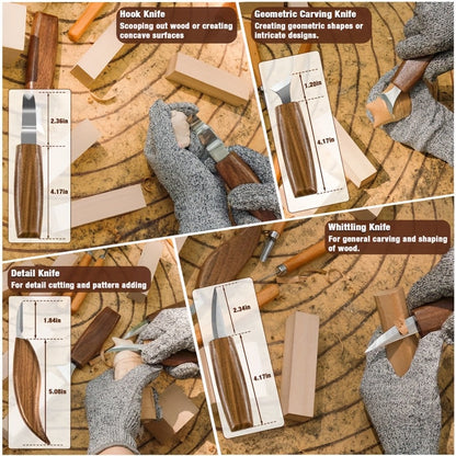 Ensemble de couteaux de sculpture sur bois, étui en polyuréthane, kit de 15 à 23 pièces, ciseau, couteau à crochet, couteau de précision, couteau géométrique, gants de sécurité, cuir à rasoir, bloc de tilleul, cadeau d'artisanat