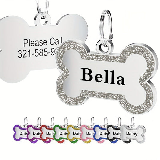 Médaillon d'identification personnalisé pour chien en acier inoxydable gravé avec motif os à paillettes – Médailles pour chien personnalisées pour collier, cadeau idéal pour chiens, chiots et propriétaires d'animaux