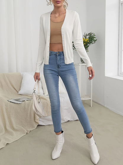 Women's Elegant V-Neck Button Knit Cardigan – High-End Solid Color Medium Stretch Jersey Sweater Office Casual Outerwear Fall Winter Layering Top