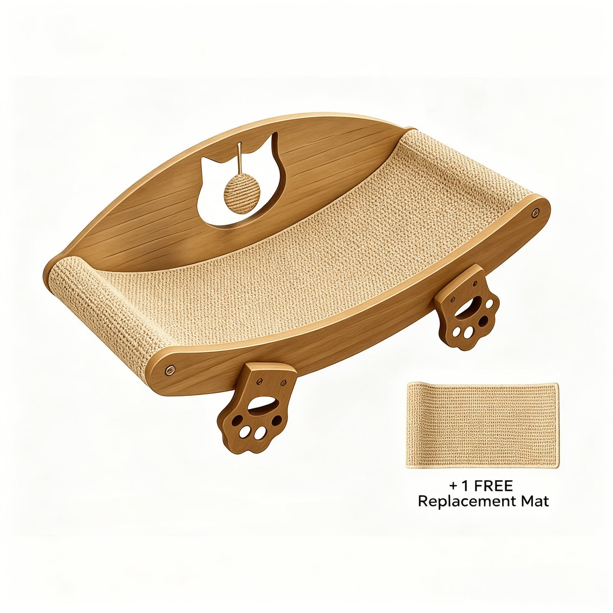 Chaise longue griffoir pour chat en sisal naturel avec jouet balle suspendue – Lit pour chat incurvé en bois massif, canapé anti-rayures pour chaton, protecteur de meubles pour chats d'intérieur