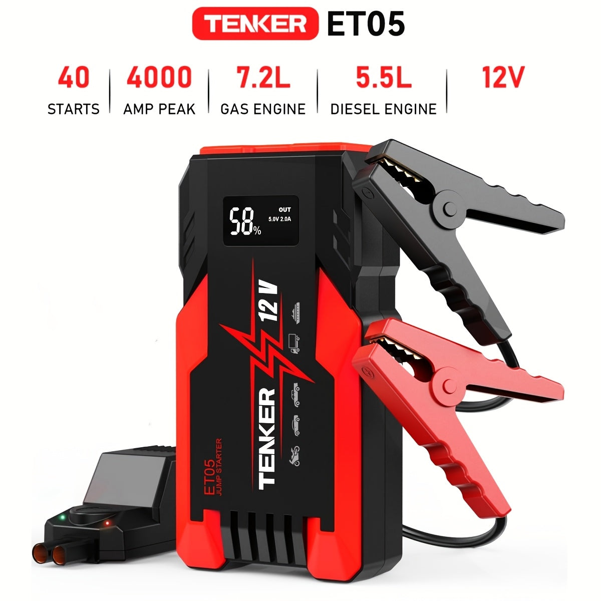 Démarreur de voiture 4000A/6000A avec compresseur d'air 150 PSI – Booster de batterie portable 2-en-1 et gonfleur de pneus, batterie externe à charge rapide USB, lampe de poche à 3 modes pour voitures, camions, motos et SUV