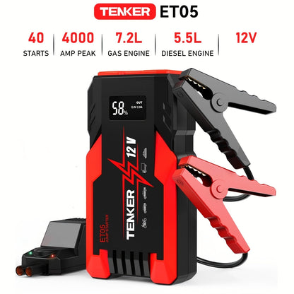 Démarreur de voiture 4000A/6000A avec compresseur d'air 150 PSI – Booster de batterie portable 2-en-1 et gonfleur de pneus, batterie externe à charge rapide USB, lampe de poche à 3 modes pour voitures, camions, motos et SUV