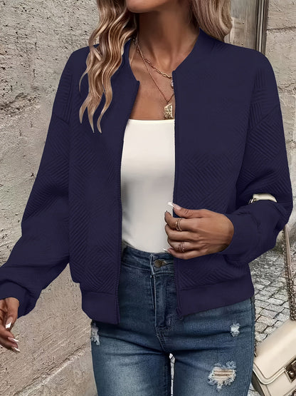 Veste zippée style baseball pour femme - Vêtement d'extérieur décontracté de couleur unie | Manteau sportif doublé en polyester avec bords-côtes, nouveauté mode automne-printemps