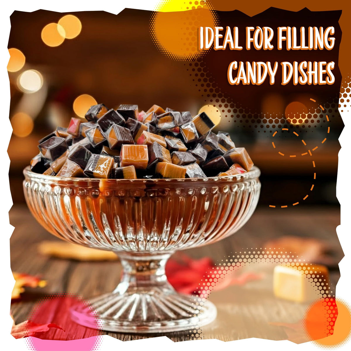 Sachet en vrac de 3 livres de bonbons fourrés aux cubes de caramel – ~220 unités emballées individuellement, parfums assortis : fraise, chocolat, orange, vanille et menthe, idéal pour les coupelles à bonbons, les cadeaux et la pâtisserie