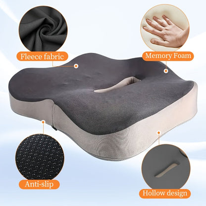 Coussin d'assise ergonomique en mousse à mémoire de forme avec rainure centrale – Soulagement de la pression sur le coccyx, base antidérapante, housse en polyester doux, soutien postural pour chaise de bureau, voiture et maison, blanc/noir