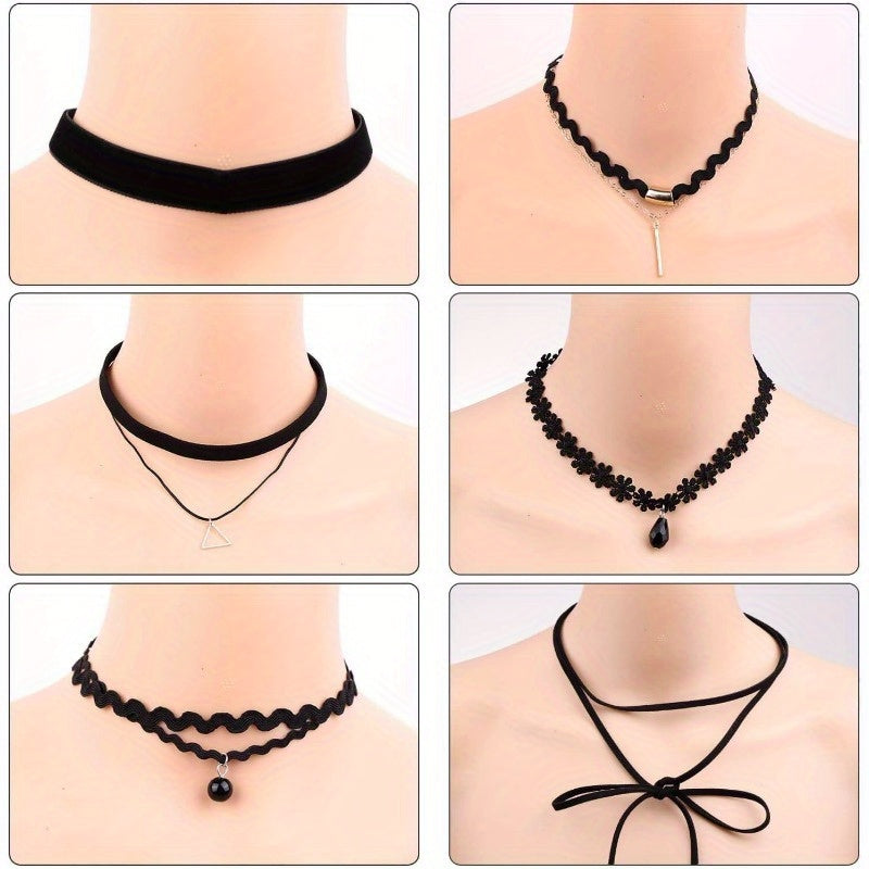 Lot de 20 colliers ras-de-cou gothiques en velours pour femme – Style tatouage en dentelle noire Y2K avec motifs cœur, lune, croix et pendentifs, bijoux tendance pour le cou, cadeau pour fête, festival et usage quotidien
