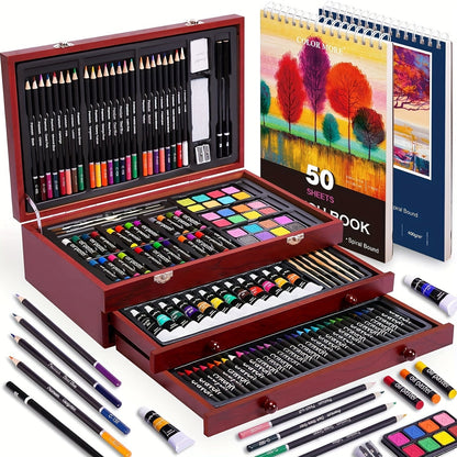 175-Piece Deluxe Art Set in Wooden Case – Complete Art Kit with Drawing Pads, Crayons, Acrylic Paints & Colored Pencils, Professional Artist Supplies Gift for Kids Teens Adults, All Occasions