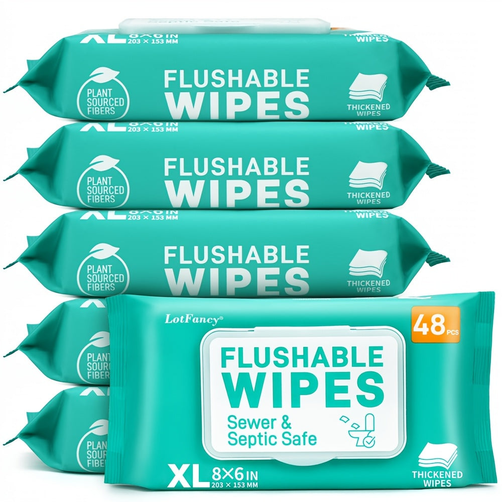 Lingettes humides jetables dans les toilettes, extra larges et épaisses – 144 ou 288 unités (paquet de 3 ou 6 x 48 unités), sans alcool, à base de plantes, compatibles avec les fosses septiques et les égouts, adaptées aux peaux sensibles et aux bébés