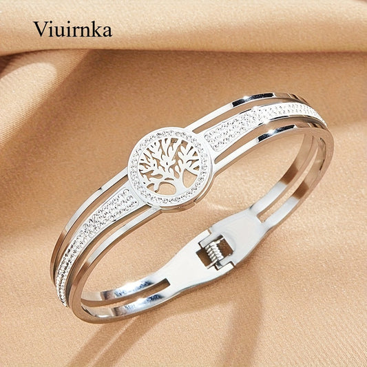 Bracelet jonc breloque Arbre de Vie pour femme – Manchette hypoallergénique en acier inoxydable, cadeau symbolique pour elle, livré avec coffret cadeau, ton acier et doré