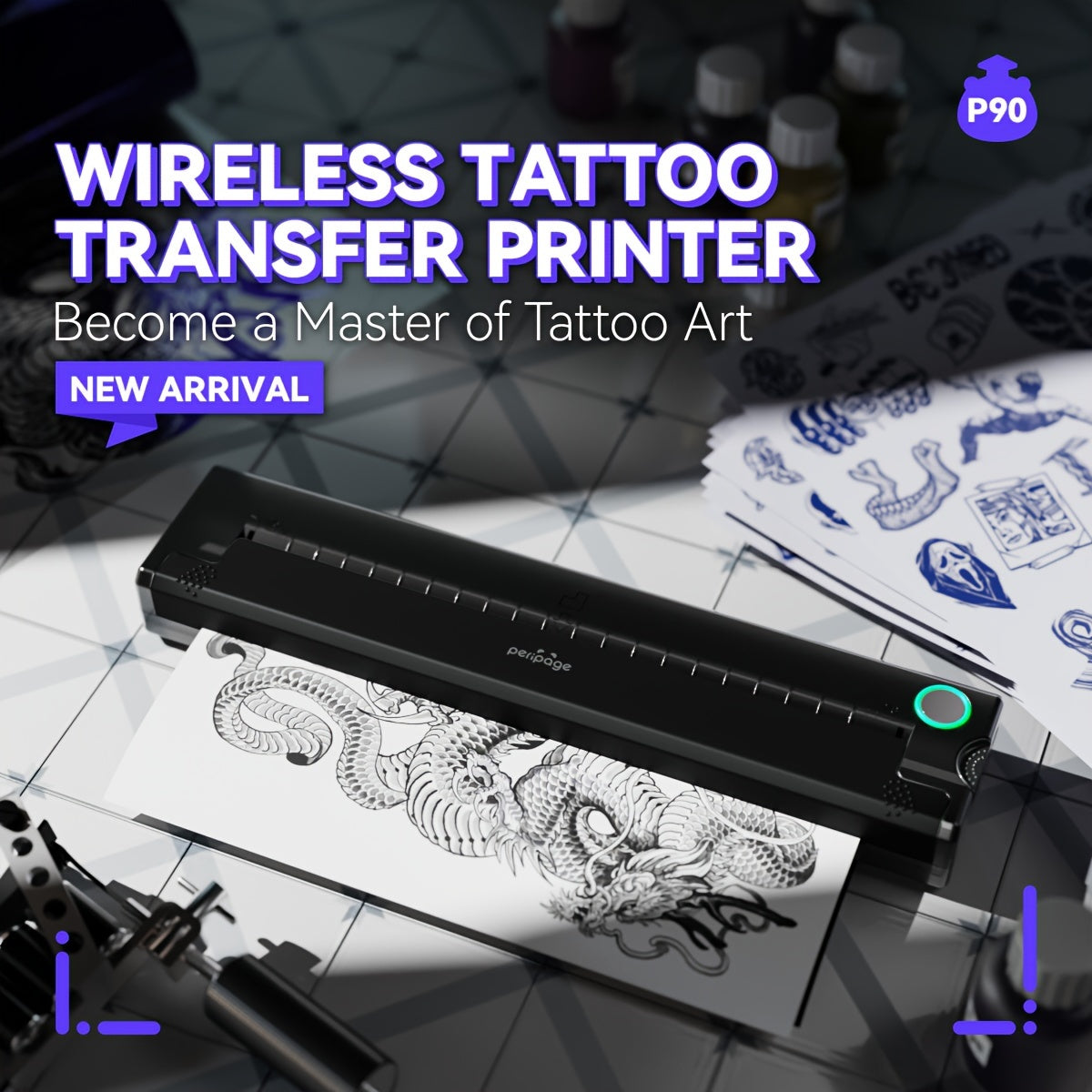 Imprimante de pochoirs de tatouage Peripage P90 – Imprimante thermique portable pour papier transfert de tatouage, compatible avec iOS, Android et PC, mini imprimante sans fil incluant 5 feuilles de papier transfert A4, cadeau pour tatoueurs