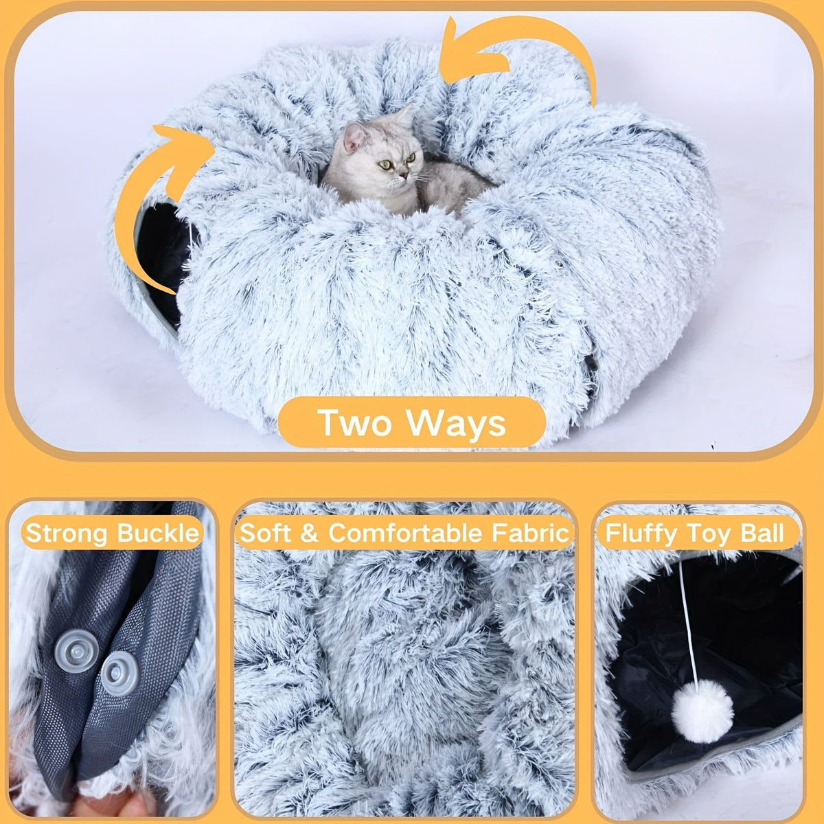 Tunnel pour chat avec lit et trou d'observation – Jouet d'intérieur en peluche douce, cachette multifonctionnelle et parc d'attractions pour chats, chatons et lapins, inclut un foulard pour animal de compagnie, tailles petit, moyen et grand