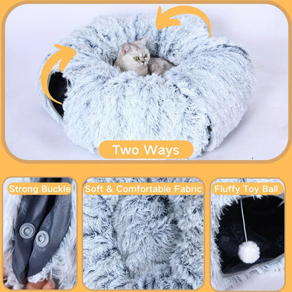 Tunnel pour chat avec lit et trou d'observation – Jouet d'intérieur en peluche douce, cachette multifonctionnelle et parc d'attractions pour chats, chatons et lapins, inclut un foulard pour animal de compagnie, tailles petit, moyen et grand