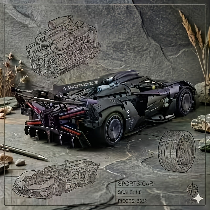 Ensemble de construction de supercar à l'échelle 1:8 de 3332 pièces – Modèle réduit de voiture musclée en édition limitée violet foncé, carrosserie profilée, design modulaire, objet de collection pour les passionnés de voitures, les garçons et les adultes