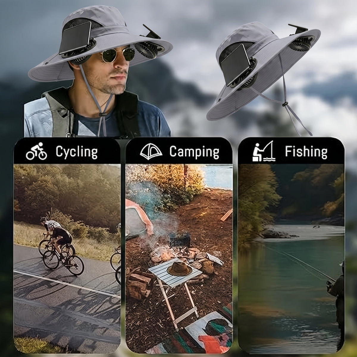 Chapeau de soleil à larges bords avec ventilateurs solaires – 2 ventilateurs solaires intégrés, vitesse du vent réglable, maille respirante, chapeau d'extérieur anti-UV avec mentonnière pour la pêche, le camping et les voyages