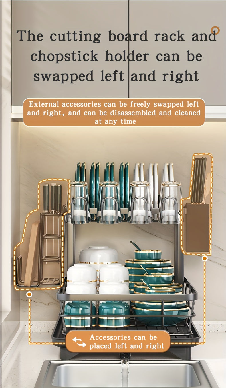 Égouttoir à vaisselle en métal à 2 niveaux avec porte-couverts, porte-gobelets et plateau d'égouttage antirouille – Égouttoir compact pour plan de travail de cuisine, égouttoir en acier durable pour tous types de surfaces