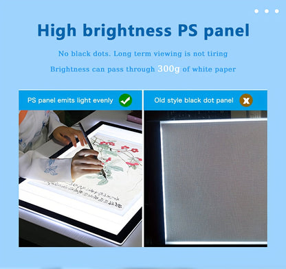 Tablette lumineuse LED pour dessin A2 A3 A4, table à copier ultra-fine à double barre lumineuse avec variateur 3 niveaux et surface sans grille protectrice des yeux pour diamond painting, croquis et dessin