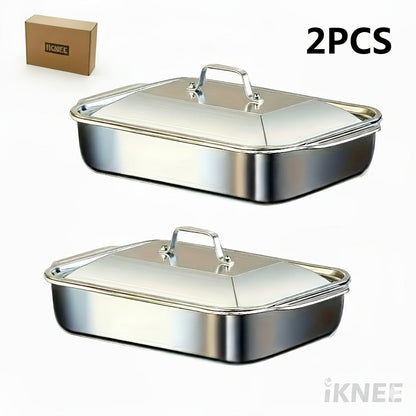 Ensemble de 4 plats de cuisson en acier inoxydable – 2 plats à rôtir profonds et 2 plats avec couvercle et poignées, plat rectangulaire de 6 litres et 41 cm pour dinde, lasagnes, poisson et poulet, compatible lave-vaisselle