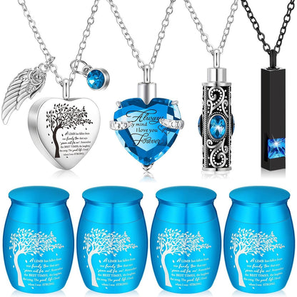 Lot de 8 petites urnes funéraires pour cendres – Ensemble de souvenirs en alliage avec pendentif médaillon en forme de cœur « Arbre de vie » pour hommes et femmes, cadeau commémoratif pour inhumation et crémation, 8 couleurs
