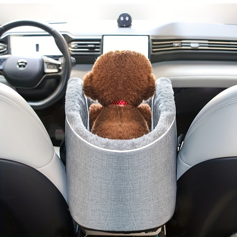 Lit pour console centrale de voiture pour animaux de compagnie - Panier pour chien et chat amovible avec sac à main détachable, transporteur toutes saisons pour console de voiture, gris et noir, compagnon de voyage confortable