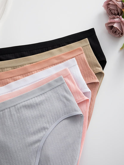 Lot de 6 culottes string côtelées – Sous-vêtements triangulaires pour femmes, doux, respirants et taille mi-haute, texture en maille côtelée, couleurs unies, culottes quotidiennes adaptées à la maternité