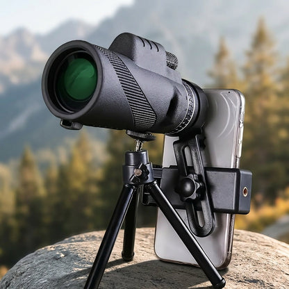 Monoculaire HD 10x42 avec adaptateur pour téléphone et trépied – Longue-vue compacte à lentilles FMC pour l'observation des oiseaux, la faune, la randonnée, le camping, les concerts et le sport – Noir et vert, cadeau de Noël