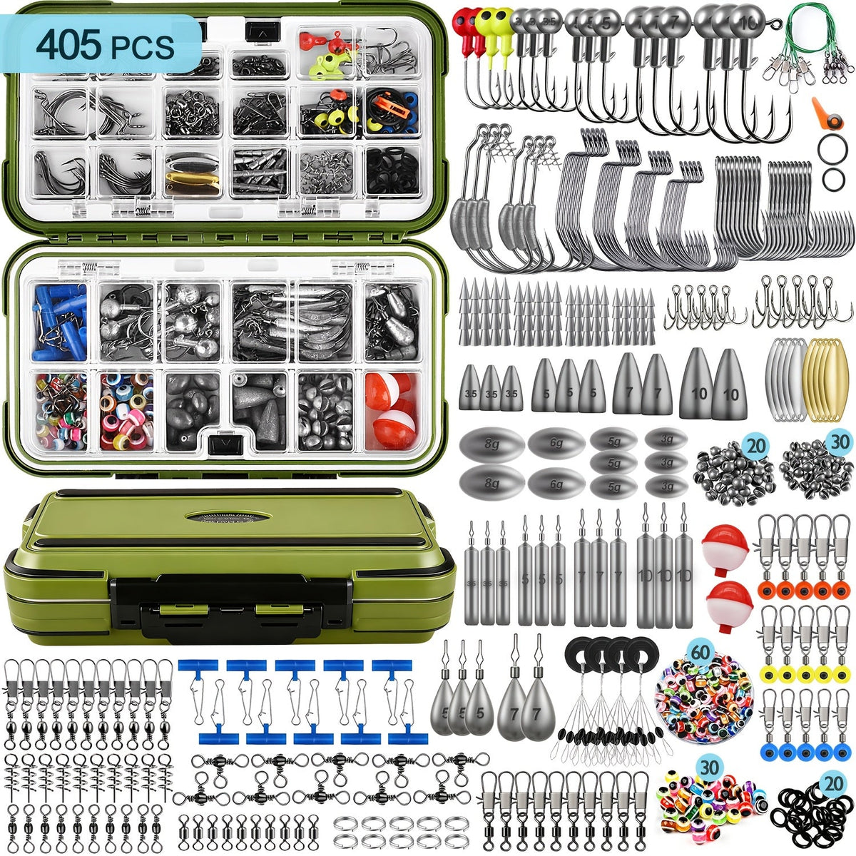 Kit d'équipement de pêche 132 à 405 pièces – Ensemble complet d'accessoires de pêche avec boîte, hameçons, poids, plombs et cuillers pour la pêche en eau douce au bar, à la truite, au crapet et au crappé
