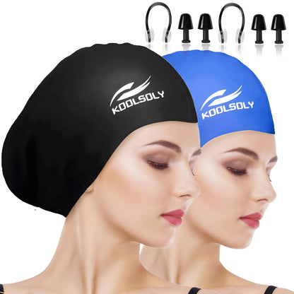 Lot de 2 bonnets de bain en silicone avec protection auditive pour cheveux longs – Inclut bouchons d'oreilles et pince-nez, ensemble de bonnet de bain étanche, 11 options de couleurs pour femmes, hommes et adultes
