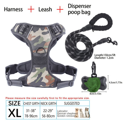 Ensemble harnais et laisse pour chien 4 pièces, gilet réfléchissant en Oxford anti-traction et anti-étranglement avec laisse, distributeur de sacs à déjections et poignée de contrôle facile, pour chiens moyens et grands, dressage et promenade en extérieur