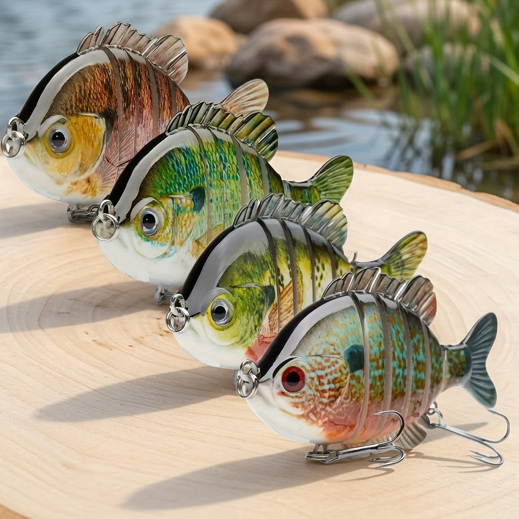 Lot de 4 leurres de pêche articulés Swimbait – Appât de surface rigide réaliste type perche avec hameçons triples, 8,9 cm / 24 g, leurres réalistes type crapet et poisson-soleil pour la pêche au bar en eau douce et en eau salée