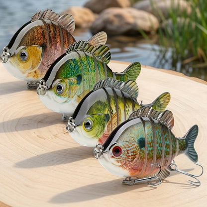 Lot de 4 leurres de pêche articulés Swimbait – Appât de surface rigide réaliste type perche avec hameçons triples, 8,9 cm / 24 g, leurres réalistes type crapet et poisson-soleil pour la pêche au bar en eau douce et en eau salée