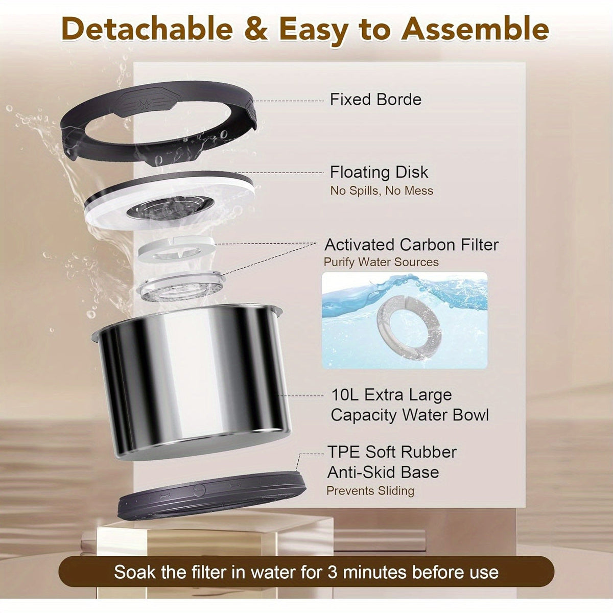 Grande gamelle d'eau pour chien 10 L en acier inoxydable anti-éclaboussures – Bol d'abreuvement lent 2,6 gallons avec disque flottant, base antidérapante et filtre amovible pour grands chiens et foyers multi-animaux, intérieur et extérieur