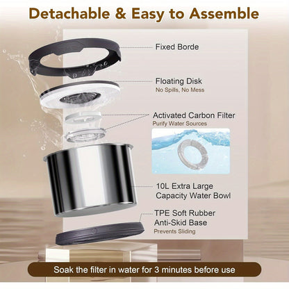 Grande gamelle d'eau pour chien 10 L en acier inoxydable anti-éclaboussures – Bol d'abreuvement lent 2,6 gallons avec disque flottant, base antidérapante et filtre amovible pour grands chiens et foyers multi-animaux, intérieur et extérieur