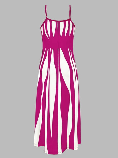 Robe décontractée à imprimé, col en V et bretelles spaghetti pour femme – Robe midi extensible en maille 100 % polyester pour toutes les saisons (printemps, été, automne, hiver)