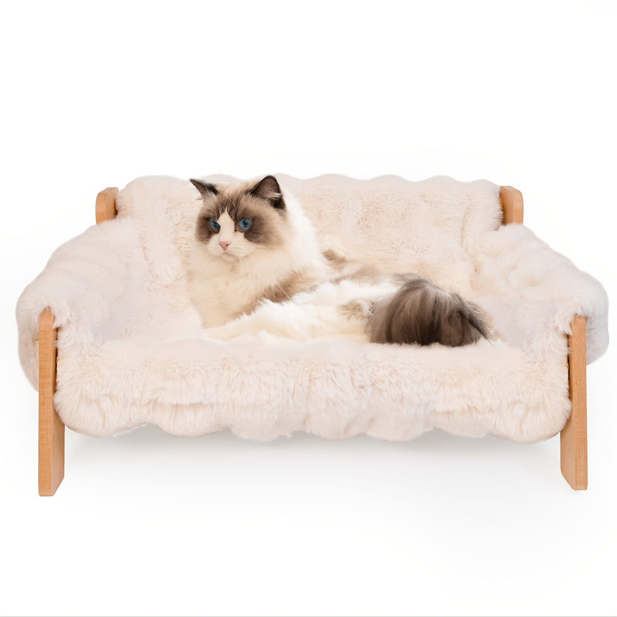 Canapé-lit surélevé pour animaux, fauteuil de repos pour chien et chat en bois massif avec tapis en bambou, meuble moderne pour petits et moyens chiens et chats, robuste et élégant, gris et blanc