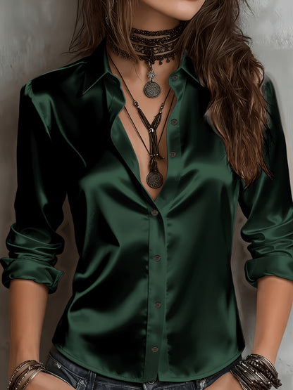Chemisier élégant en satin pour femme, haut boutonné à l'aspect soyeux, idéal pour le travail, le bureau ou une tenue décontractée, toutes saisons, tailles S M L XL XXL
