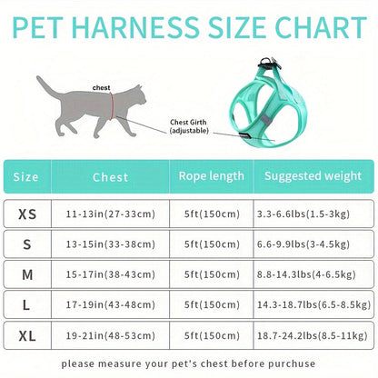 Cat Harness and Leash Set for Walking, Escape-Proof Adjustable Soft Cat Vest Harness with Reflective Strips - Comfortable Outdoor Cat Walking Jacket in 5 Colors & Sizes XS-XL